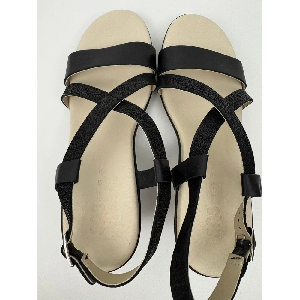 SAS Delight Wedge Heel Sandals Size 9.5 Black Web Leather Multi Strap Casual